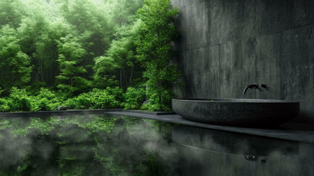 A dark stone bathtub sits nestled in a lush bamboo forest, reflecting the serene surroundings. The image evokes tranquility and relaxation.の写真素材
