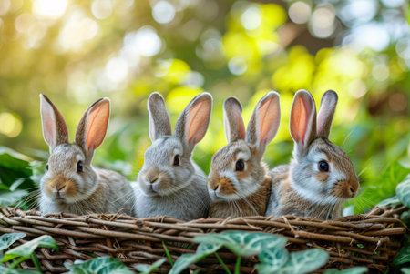 Four adorable bunnies nestled together in a wicker basket, surrounded by lush greenery. A heartwarming springtime scene.の写真素材