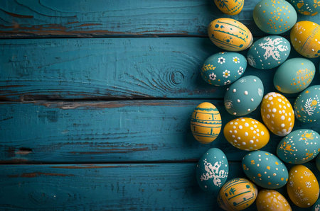 Happy Easter! Colorful decorated eggs on a rustic teal wooden background. Perfect for spring...