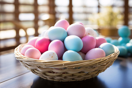 A wicker basket filled with pastel-colored Easter eggs. A springtime celebration.