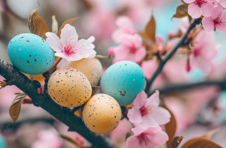 Delightful pastel Easter eggs nestled amongst delicate pink blossoms on a branch. A spring scene...