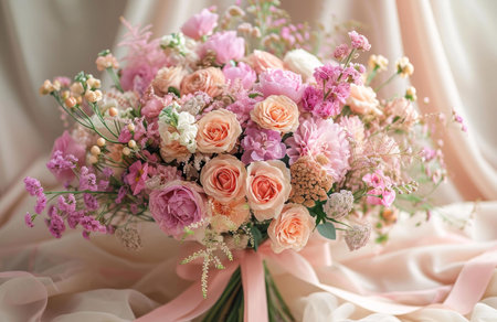 A stunning bridal bouquet of soft pink and peach roses, dahlias, and other delicate blooms. Perfect for a romantic wedding.の写真素材