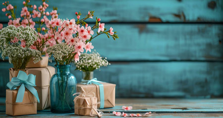 Pink spring blossoms in vases, accompanied by thoughtfully wrapped gifts. A scene of beauty and...