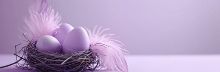 Three pastel purple eggs nestled in a delicate bird's nest adorned with soft pink feathers. A serene...