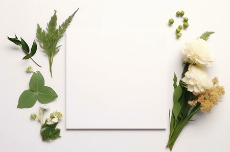 A beautiful flat lay featuring white flowers and various types of greenery artfully arranged on a clean white background.の写真素材