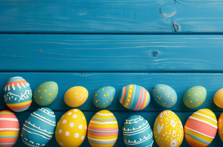 Decorated Easter eggs arranged on a blue wooden background. Perfect for spring celebrations.