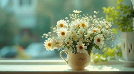 Beautiful white daisies in a vase on a windowsill. Sunlight streams in, creating a peaceful atmosphere.の写真素材