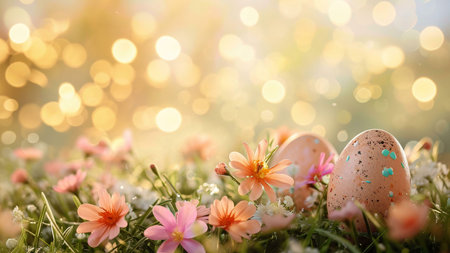 Pastel Easter eggs nestled amongst vibrant spring flowers, creating a cheerful and festive scene.