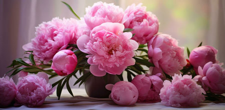 Close-up view of a beautiful bouquet of pink peonies. The flowers are in full bloom and look very soft and delicate.の写真素材