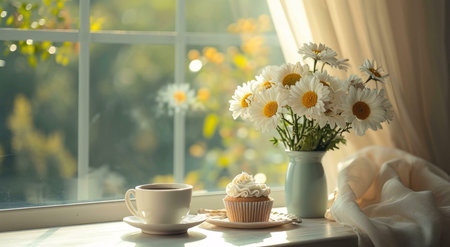 A peaceful morning scene featuring a cup of coffee, a delicious cupcake, and a bouquet of daisies by...