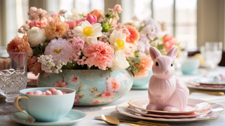 A charming Easter table setting featuring a pastel floral arrangement and a delicate pink bunny...