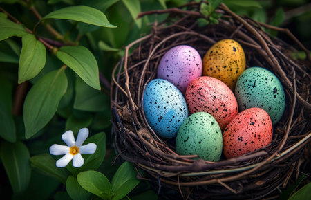 Six speckled Easter eggs in a bird's nest surrounded by lush green foliage.