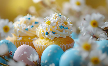 Two delightful Easter cupcakes, adorned with daisies and pastel-colored eggs.