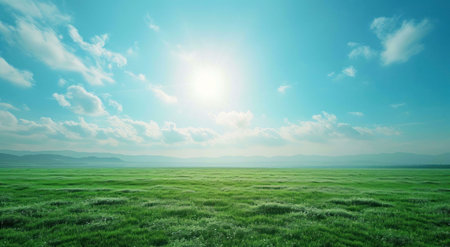 A picturesque view of a vast green meadow stretching to the horizon under a bright sunny sky with...
