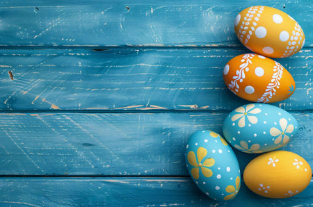 Colorful Easter eggs arranged on a rustic blue wooden surface. Perfect for springtime greetings.