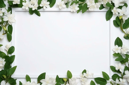 A white frame surrounded by delicate white jasmine flowers and green leaves. Perfect for wedding invitations or other special occasions.の写真素材