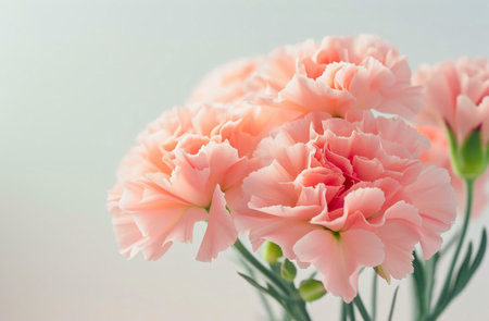 Close-up of a delicate bouquet of peach carnations. Soft, pastel colors create a serene atmosphere.の写真素材