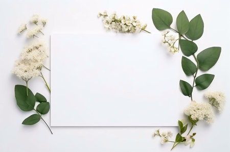 Blank white card surrounded by white flowers and green leaves on a white background. Perfect for...