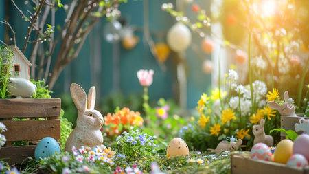 Charming Easter scene with bunnies, eggs, and flowers in a whimsical garden setting. Perfect for...