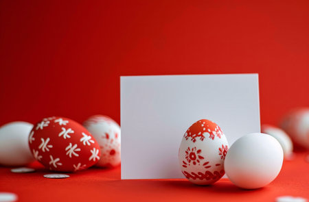 Red and white Easter eggs with a blank card on red background.
