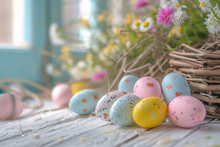 Close-up of pastel colored Easter eggs in a rustic nest, surrounded by beautiful spring flowers.の写真素材