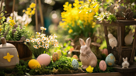 A charming Easter garden scene featuring a bunny, decorated eggs, and blooming flowers. A festive...