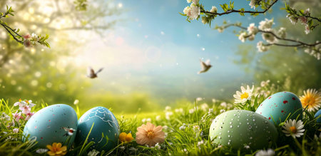 Pastel Easter eggs nestled in a vibrant spring meadow, surrounded by blooming flowers and...