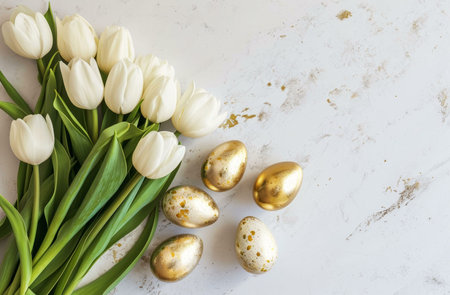 A delightful Easter image featuring a bouquet of white tulips and several gold-painted eggs on a...