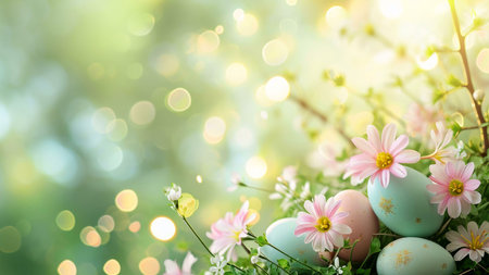 Pastel Easter eggs surrounded by delicate spring flowers. A cheerful image perfect for Easter cards...