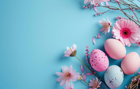 Pastel pink Easter eggs and delicate pink flowers arranged on a light blue background. A festive and cheerful springtime image.の写真素材