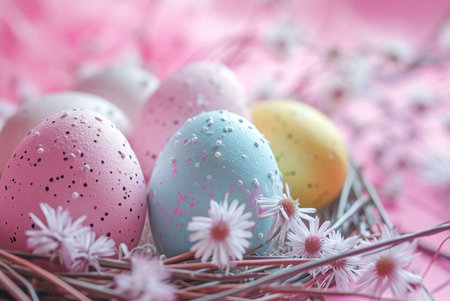 Close-up of pastel-colored Easter eggs in a bird's nest surrounded by delicate daisies. A spring...