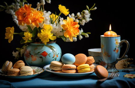 A tranquil still life showcasing delicate macarons, vibrant spring flowers in a vintage vase, and a...