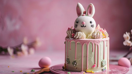 A charming Easter cake adorned with a fondant bunny and pastel decorations. Perfect for springtime...