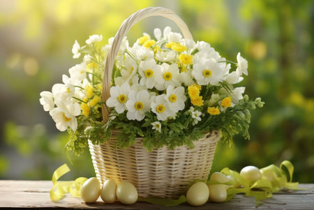 A charming wicker basket overflows with delicate white flowers, accompanied by pastel-colored eggs....