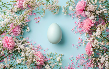 A light blue egg sits amidst a lovely arrangement of pink and white flowers. Perfect for Easter...
