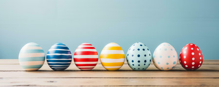 Seven decorated Easter eggs arranged on a rustic wooden table against a light blue background.