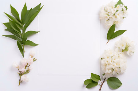 A blank white card surrounded by delicate white flowers and lush green leaves. Perfect for springtime or wedding invitations.の写真素材