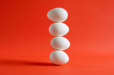 Four white eggs are meticulously balanced on top of each other against a striking red backdrop.の写真素材