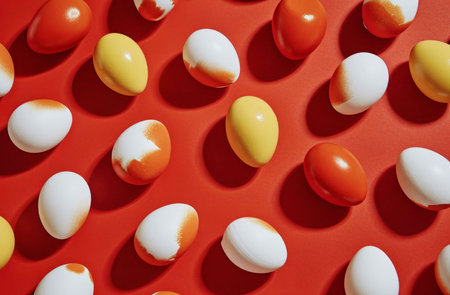 Colorful Easter eggs arranged in a pattern on a red background. Perfect for spring celebrations.
