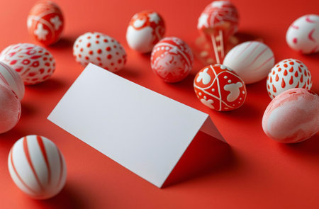 Close-up of beautifully decorated Easter eggs and a blank card on a coral surface. Perfect for...