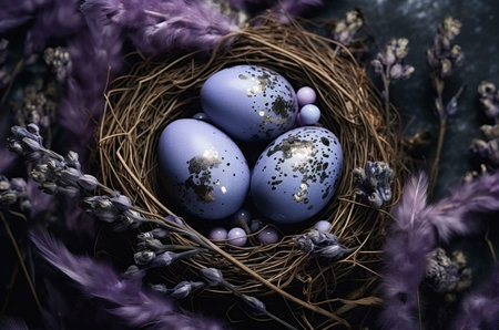 Three delicately painted purple Easter eggs nestled in a rustic bird's nest, adorned with lavender and feathers.の写真素材