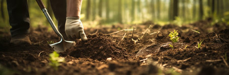 Close-up view of hands gently planting a seed in rich dark soil, within a sunlit forest setting.の写真素材