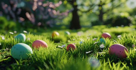 Colorful Easter eggs hidden in a lush green meadow, bathed in the warm sunlight of spring. A perfect scene for an egg hunt!の写真素材