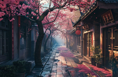 A picturesque Asian street bathed in the soft glow of morning light, adorned with vibrant cherry blossoms.の写真素材