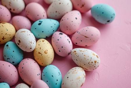Close-up view of pastel-colored Easter eggs arranged on a pink surface. The image is bright, cheerful, and perfect for spring and Easter celebrations.の写真素材