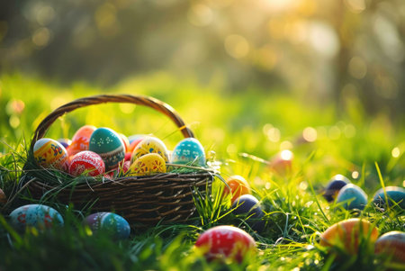 A wicker basket brimming with vibrant Easter eggs sits in a sun-drenched meadow. More eggs are...