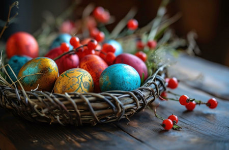 Colorfully painted Easter eggs nestled in a rustic wicker basket, adorned with spring berries.