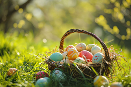 A wicker basket filled with colorful Easter eggs sits in a sun-drenched meadow.の写真素材