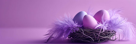 Three pastel purple Easter eggs rest in a cozy bird's nest, surrounded by soft purple feathers against a matching background.の写真素材