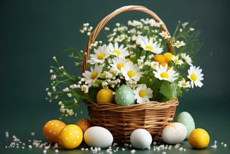 A wicker basket filled with daisies and colorful Easter eggs. A perfect spring scene!